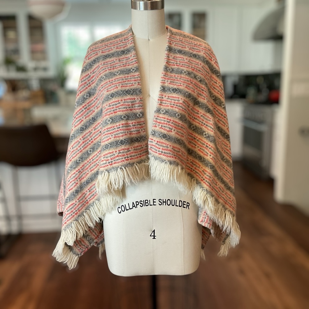 Vintage cape serape blanket wool poncho with fringe